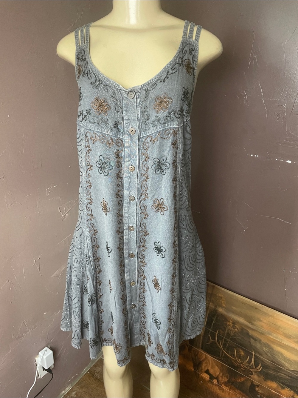 Encounter Free Size Sleeveless Embroidered Mini Dress in Light Gray